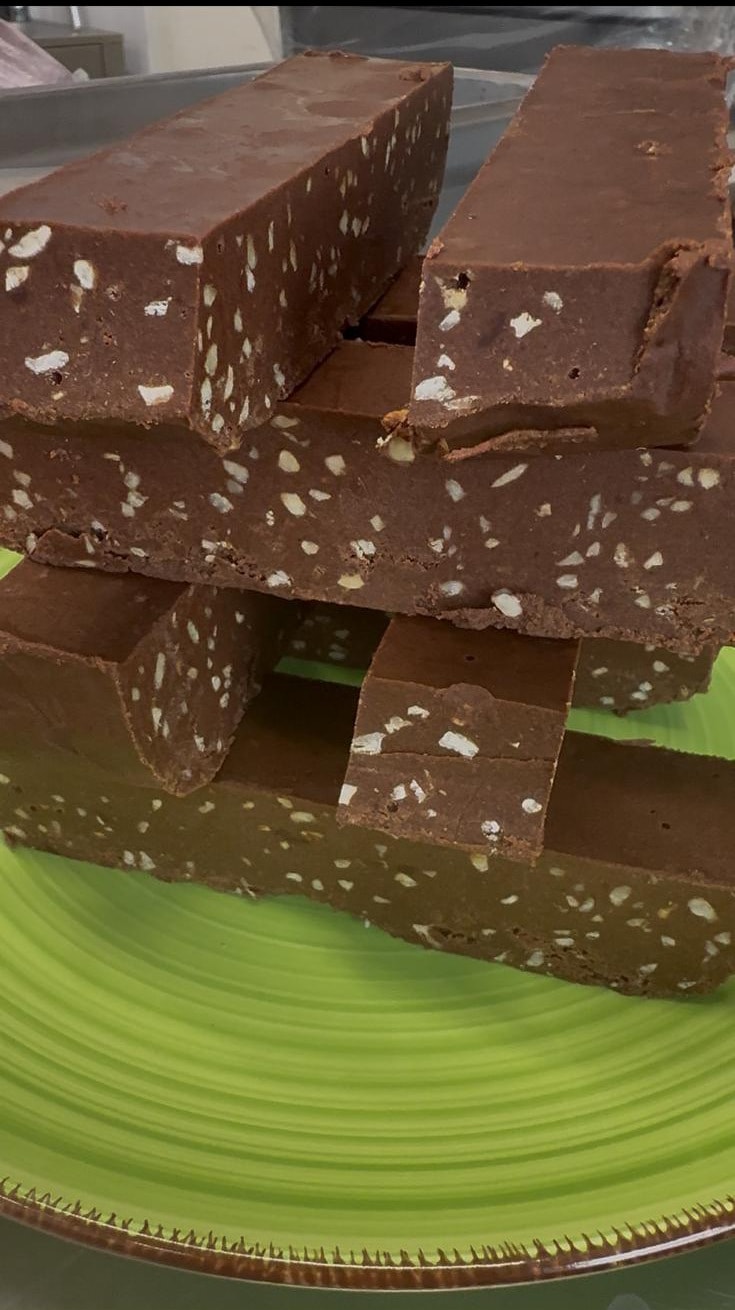 Chocolate protein bars on a plate at the café