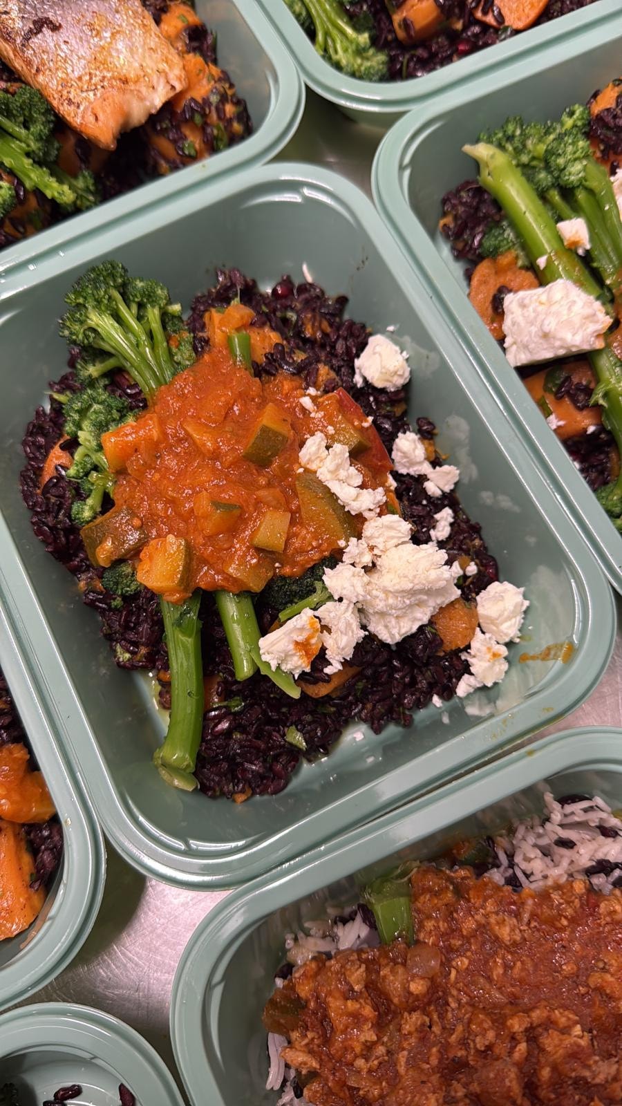BoxChef meals boxed for collection — salmon, black rice, broccoli and roasted vegetables